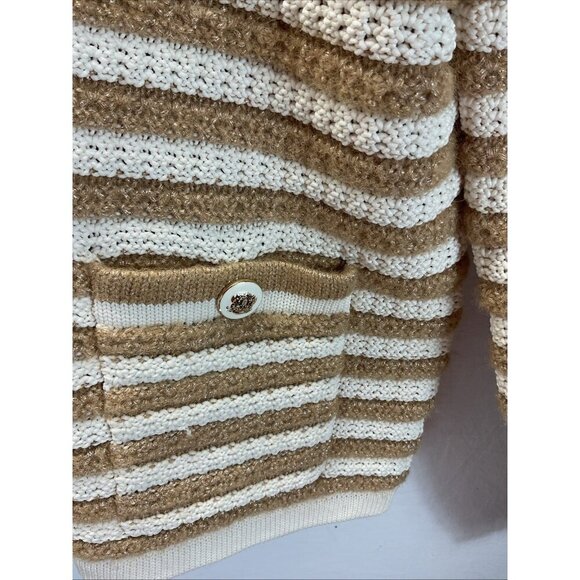 TALBOTS Sweater Blazer Jacket XL‎ Knit striped khaki Ivory Cardigan Old Money - Picture 3 of 12
